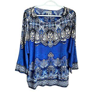 JM Colkection Woman 1X Blue Paisley Knit Top Beaded Front